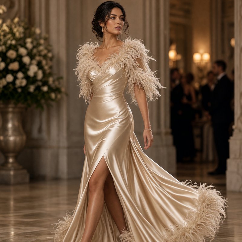 Poised woman walking in a champagne satin feather-trimmed evening gown in a grand marble ballroom