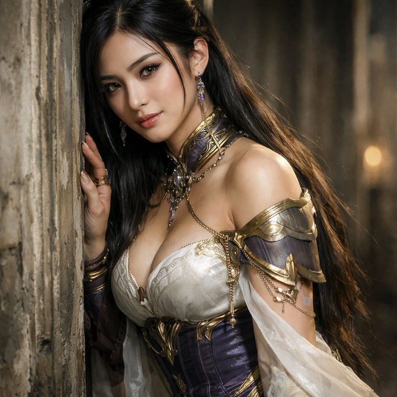 Dark-haired fantasy noblewoman in ornate regalia leaning gently against a weathered stone pillar