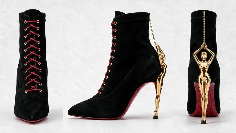 Three front, side and rear views of a black suede lace-up ankle boot with a sculpted gold figurin...