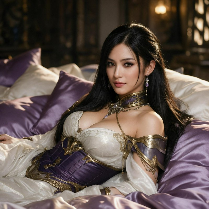 Regal fantasy noblewoman reclining on plush purple and cream satin bed linens