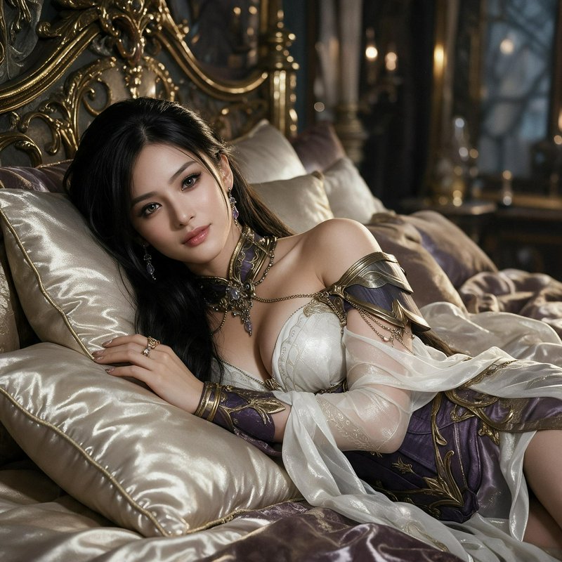 Elegant dark-haired fantasy noblewoman reclining on an ornate gilded royal bed
