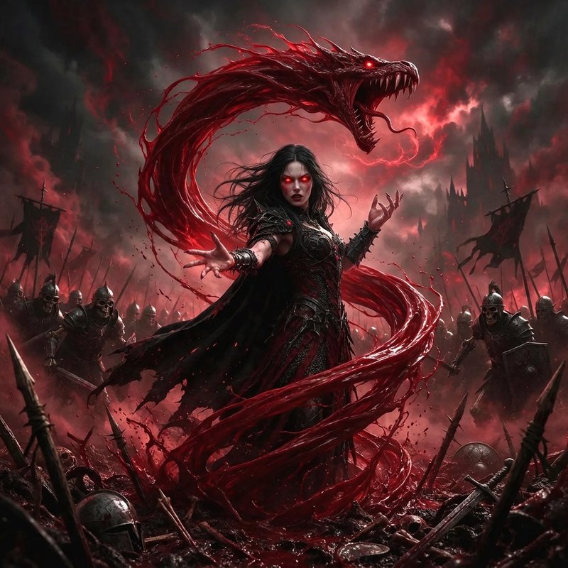 Dark sorceress with glowing red eyes summons a blood dragon above an undead battlefield