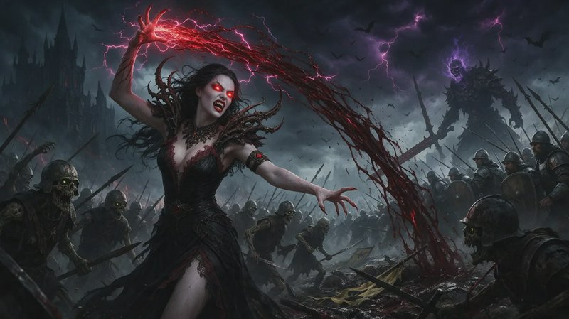 Red-eyed necromancer casts blood magic leading undead armies across a stormy fantasy battlefield