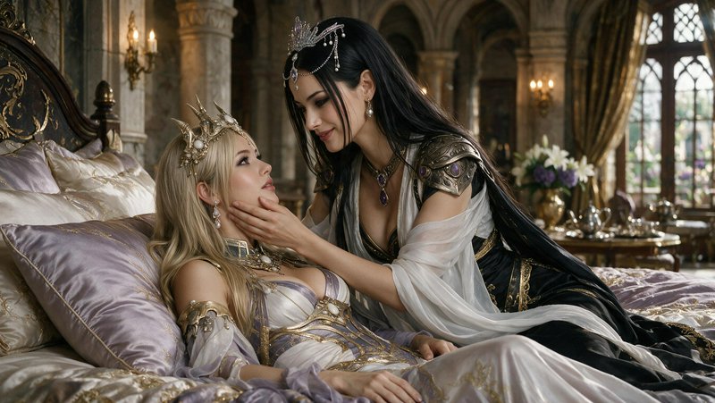 Dark haired royal tenderly holds the face of a blonde queen resting on an ornate castle bed