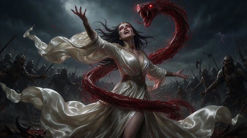 Red-eyed necromancer summons a blood serpent as undead armies advance across a stormy battlefield