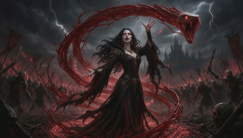 Dark sorceress summons a glowing red blood serpent above an undead battlefield under lightning-st...