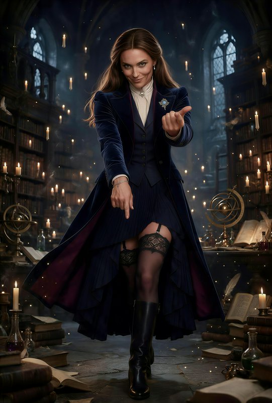 Female mage in a navy velvet coat gestures invitingly from a candlelit enchanted library