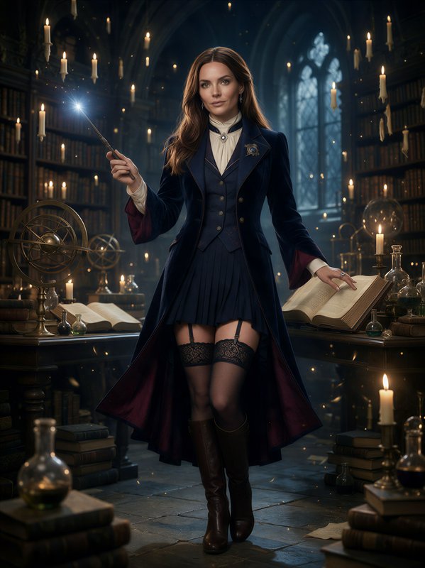 Female wizard holds a glowing wand while standing in a candlelit enchanted library study