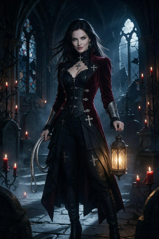 Gothic female vampire hunter holds a lantern and whip while standing in a misty candle-lit ruined...