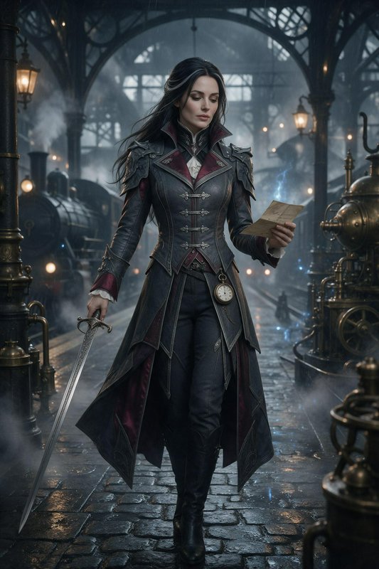 Steampunk female warrior holding a sword and letter walks through a foggy vintage train station