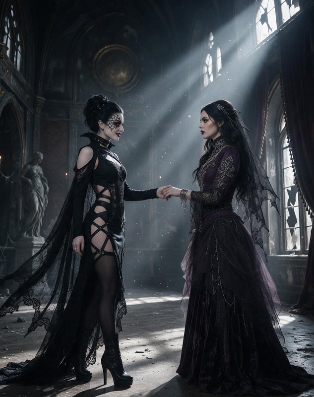 Two gothic vampire women hold hands facing each other in a crumbling sunlit abandoned cathedral