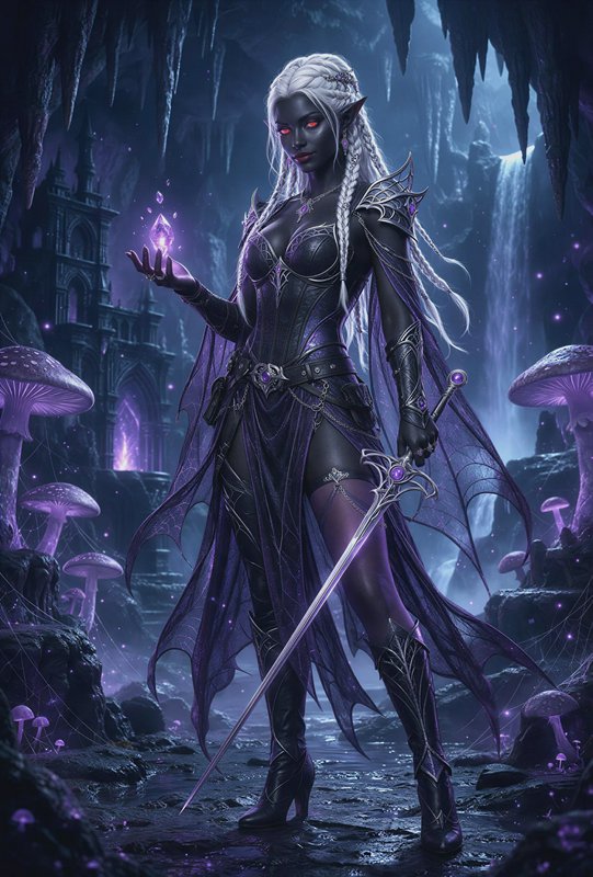 Female drow dark elf warrior holds a glowing crystal and sword in a misty underground cave.