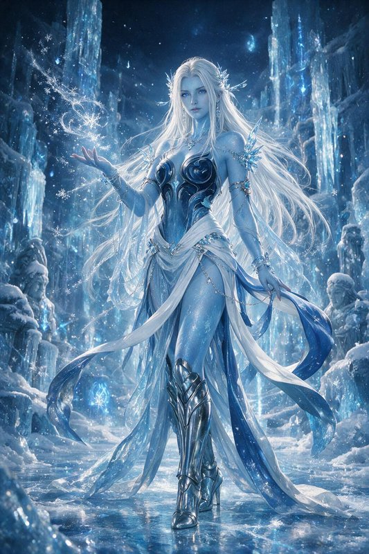 Ice queen conjures frost magic while standing in a glowing crystal frozen cavern