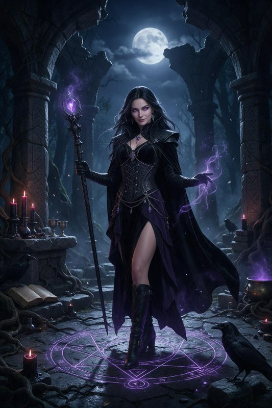 Dark sorceress holding a glowing staff stands in a purple magic circle under a full moon in ancie...