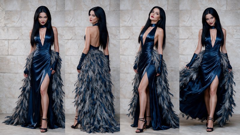 Four sequential poses of a model wearing a dramatic navy satin feathered evening gown against a l...