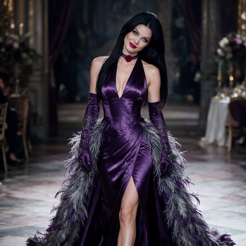 Elegant dark-haired woman in a purple feathered satin gown stands in a grand opulent ballroom
