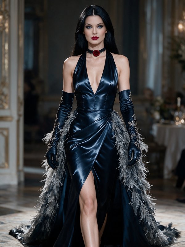 Fashion model in a glossy black feathered evening gown walks confidently through an ornate gilded...