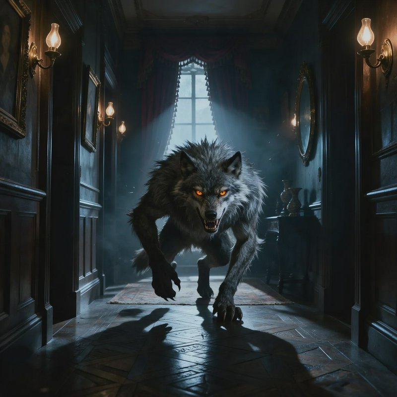 Snarling werewolf with glowing orange eyes advances toward the viewer down a dark Victorian mansi...
