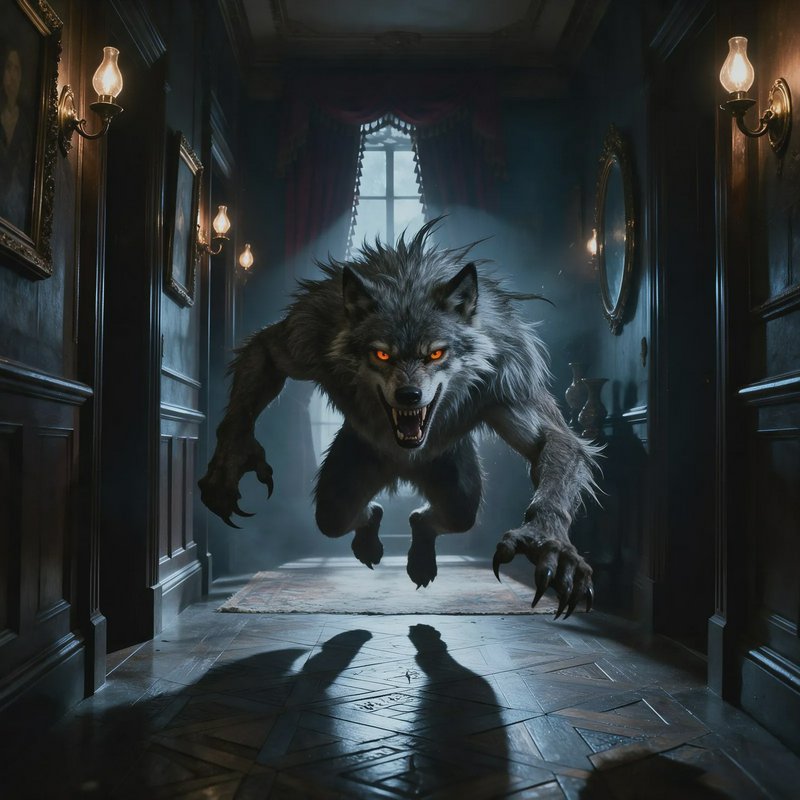 Snarling glowing orange-eyed werewolf leaps toward the viewer down a dark Victorian mansion hallway