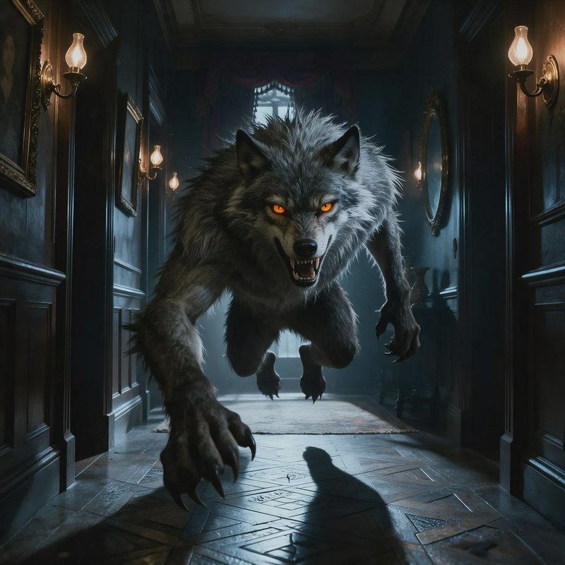 Snarling werewolf with glowing orange eyes leaps toward the viewer down a dark mansion hallway