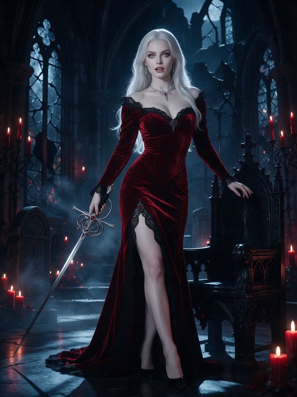 Pale silver-haired woman in a red velvet gown holds an ornate rapier beside a gothic throne in a ...