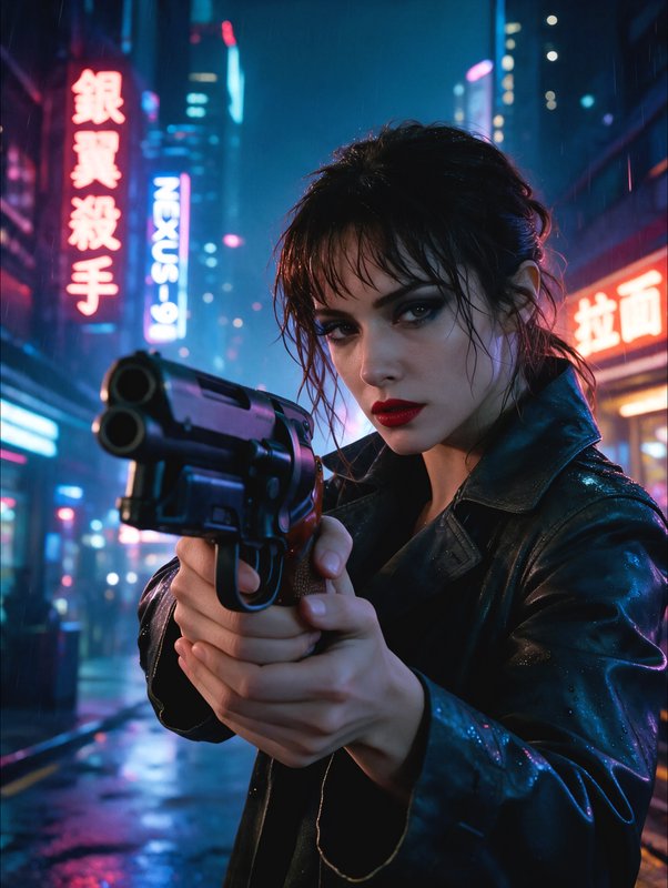 Determined cyberpunk woman in a wet leather coat aims a futuristic revolver on a rain-soaked neon...