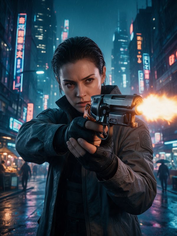 Determined female agent firing a futuristic handgun on a rainy neon-lit cyberpunk city street