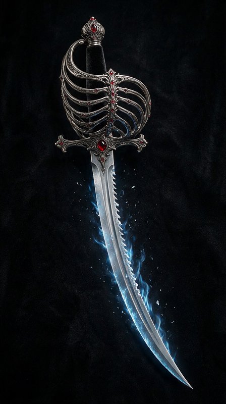 Ornate ribbed basket hilt fantasy dagger glowing with faint blue magical flame against a black ba...