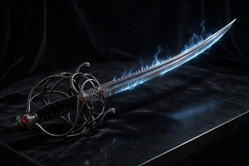 Ornate gem-encrusted basket hilt fantasy sword wreathed in glowing blue magical flame resting on ...