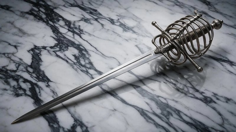 Ornate basket hilt rapier rests diagonally on a polished dark veined white marble surface
