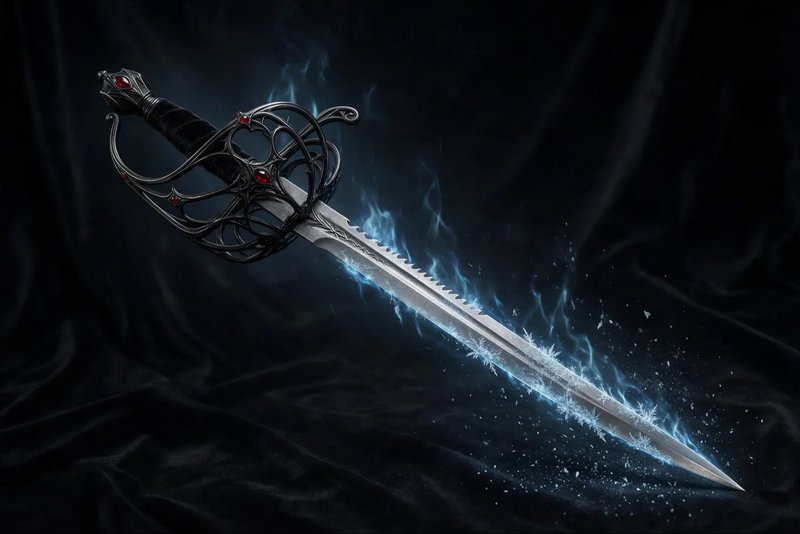 Ornate gothic fantasy sword wreathed in glowing blue frost against a dark draped fabric background