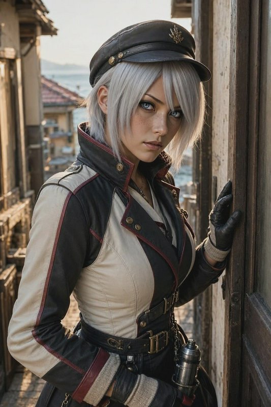 Silver-haired woman in a steampunk military uniform stands in a sunlit old coastal town alley