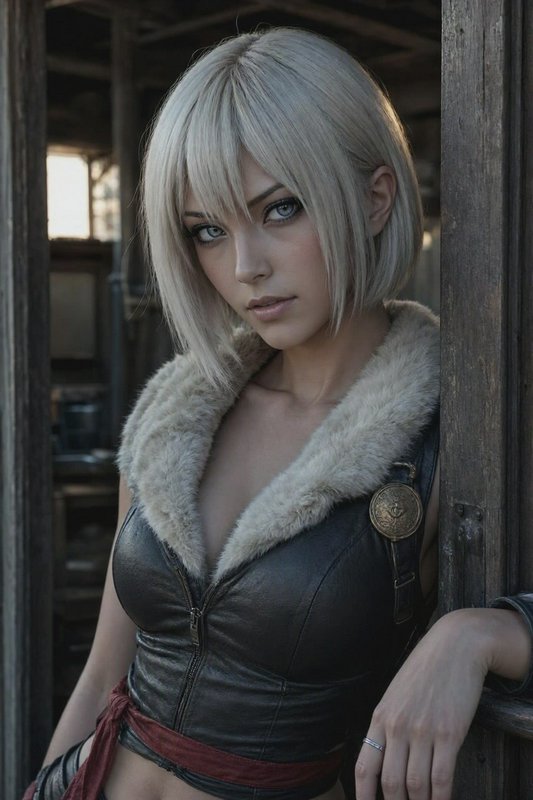 Realistic portrait of a platinum blonde fantasy warrior leaning in a weathered wooden doorway