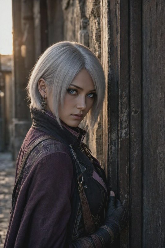 Silver-haired female fantasy rogue leans against an old wooden door in a sunlit medieval alley