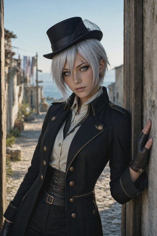 Silver haired woman in a steampunk top hat leans against a doorway in a sunlit coastal old villag...
