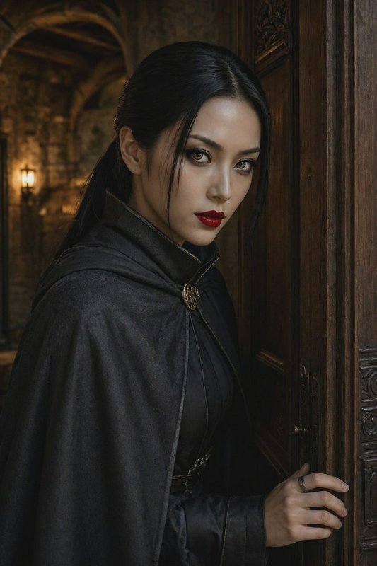 Mysterious dark-haired woman in a black cloak opening a carved wooden castle door