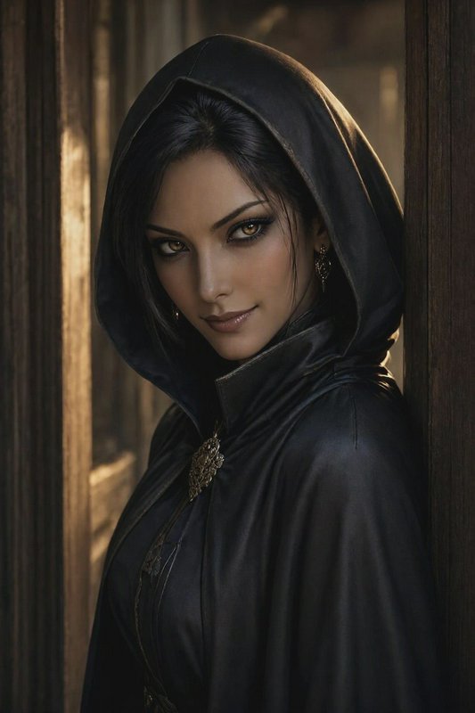 Mysterious woman in a black hooded cloak leans between wooden beams, gazing directly at the viewer.