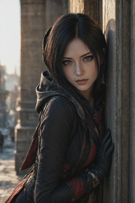 Female fantasy assassin leans against a stone wall keeping watch from a medieval city alley