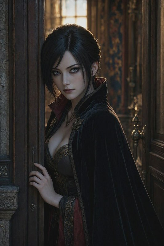 Pale dark-haired gothic noblewoman in an embroidered velvet cloak stands in an ornate manor doorw...