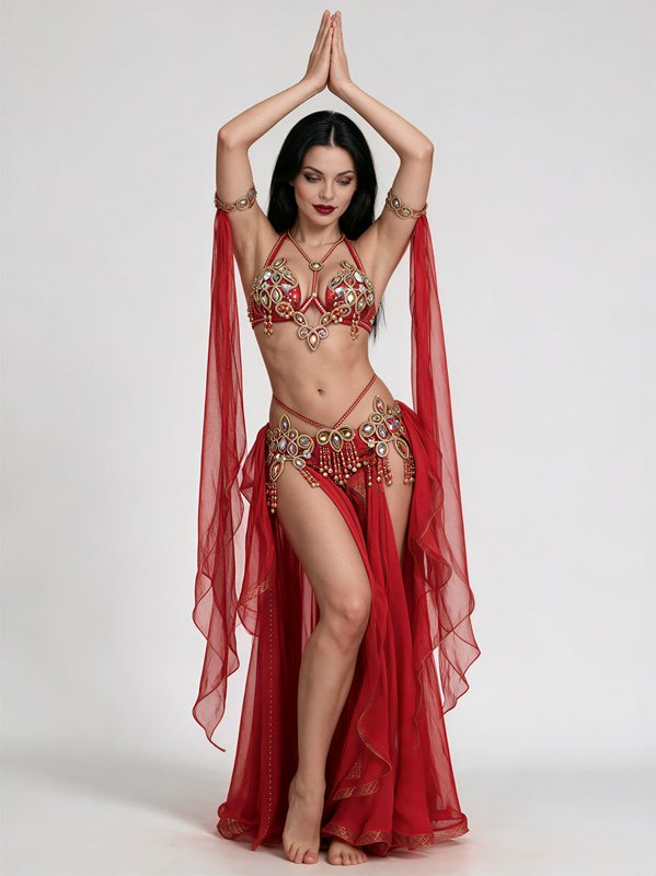 Belly dancer in ornate red beaded costume holds an arms-raised prayer pose in a studio