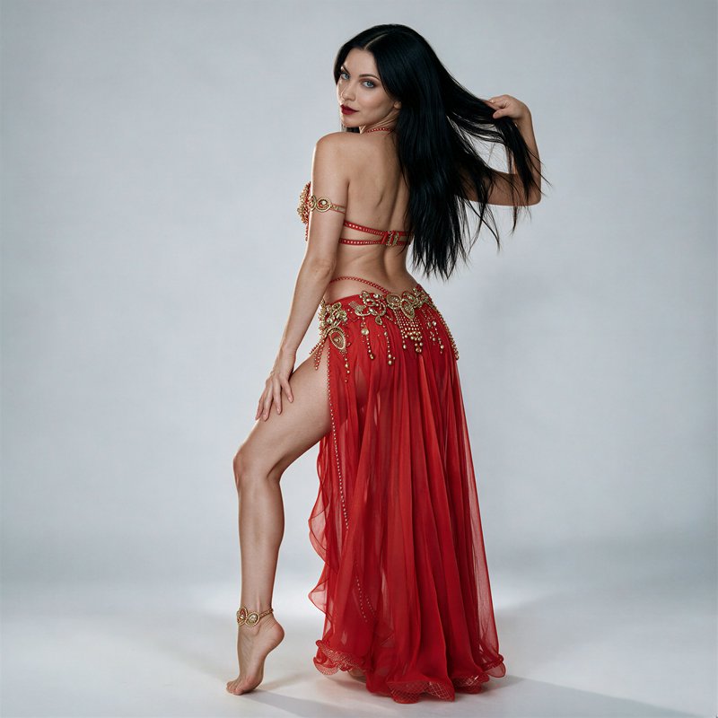Woman in ornate red and gold belly dance costume looks over her shoulder in a plain studio portrait