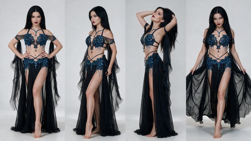 Four sequential standing poses of a model wearing an ornate teal and black belly dance costume in...