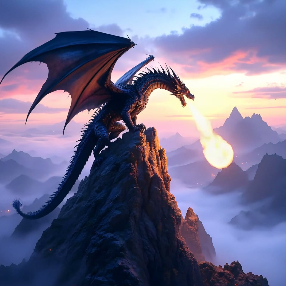 Dragon perched on a jagged mountain peak, breathing fire into a sunset sky.