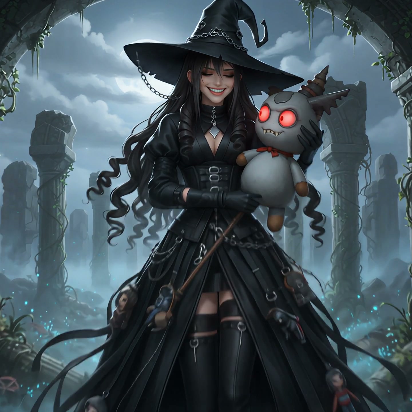 Anime-style gothic witch in a black dress holds a glowing red-eyed possessed doll in a misty moon...