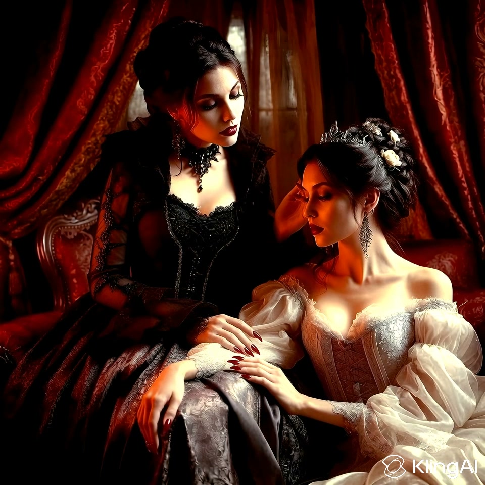 Two elegant gothic women in elaborate period gowns share an intimate moment in a rich curtained c...