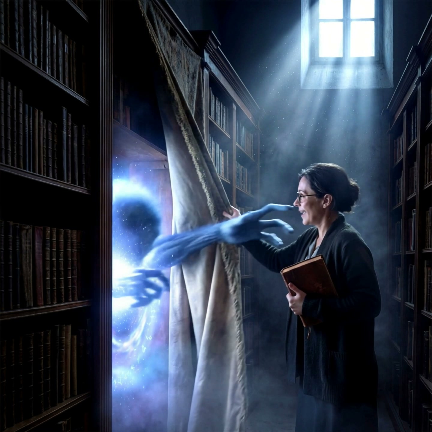Librarian holding an old book pulls back a curtain to reveal a glowing supernatural portal with r...