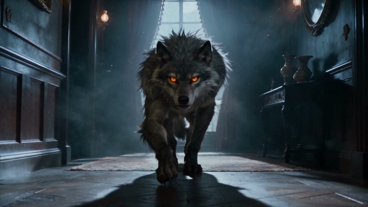 Giant menacing wolf with glowing orange eyes stalks toward the viewer down a dark foggy Victorian...