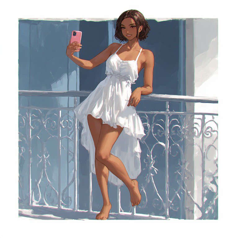 Woman in a white high-low dress on a balcony taking a selfie with a pink smartphone