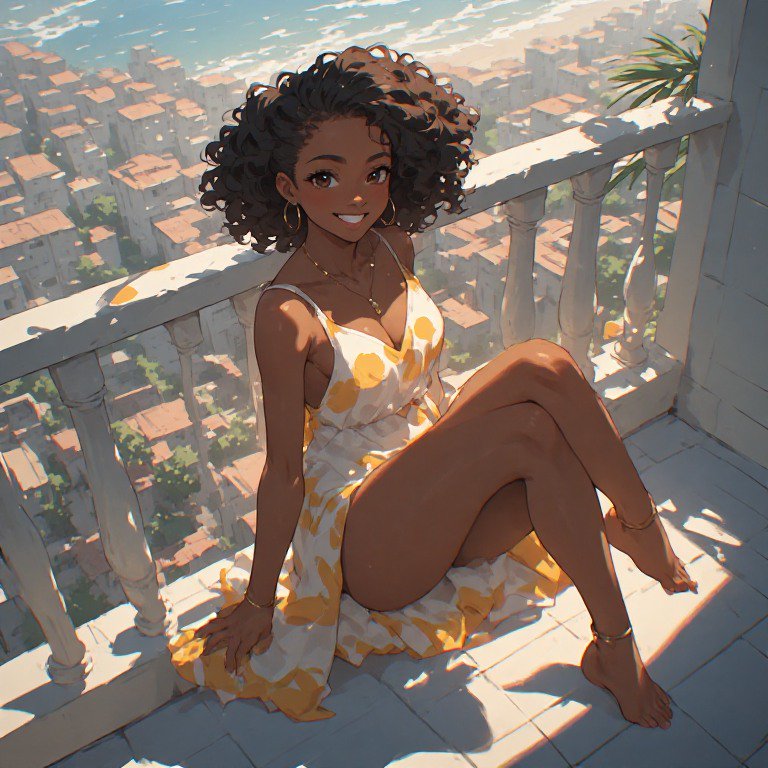 Illustrated woman with curly hair in a yellow-white dress sits on a balcony overlooking a sunlit ...