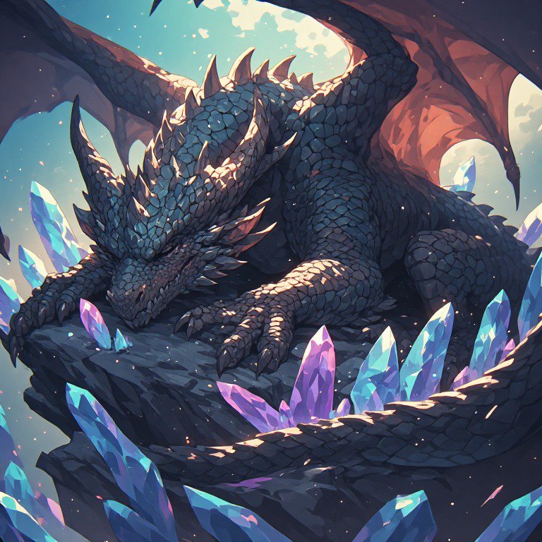 Dark dragon curled on crystal-filled rock amid glowing colorful crystals